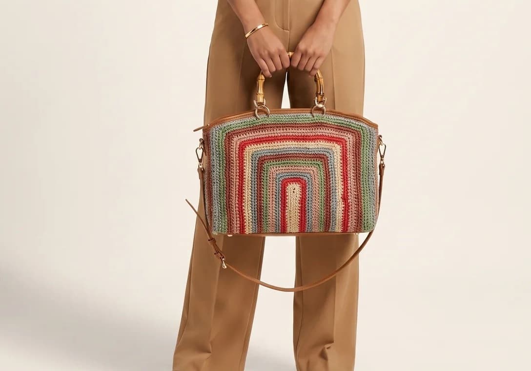 Model in tan trousers holding the Arco Satchel, a crochet bag banded with a rainbow arc
