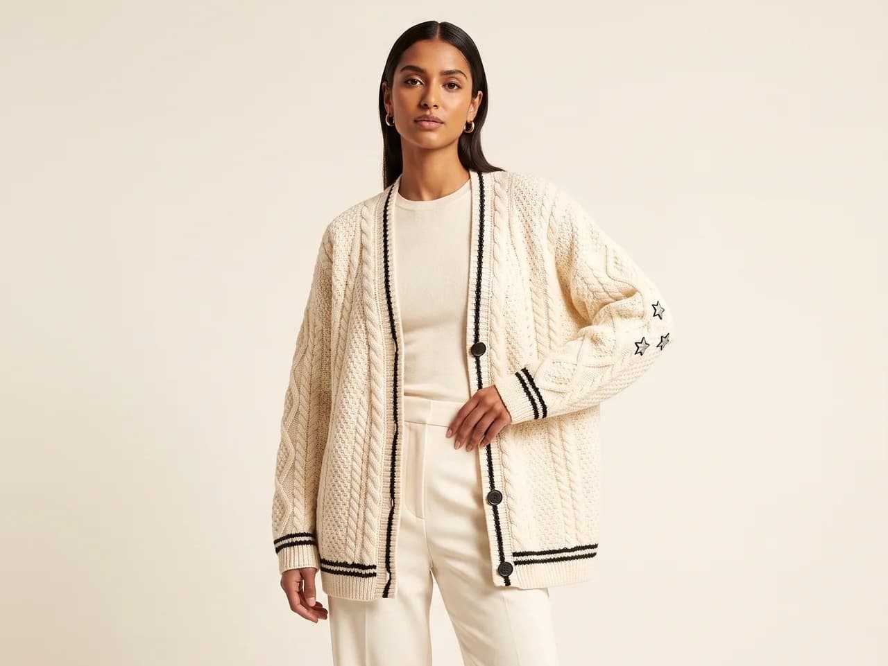 Model in a cream cable-knit cardigan trimmed in navy, over cream trousers