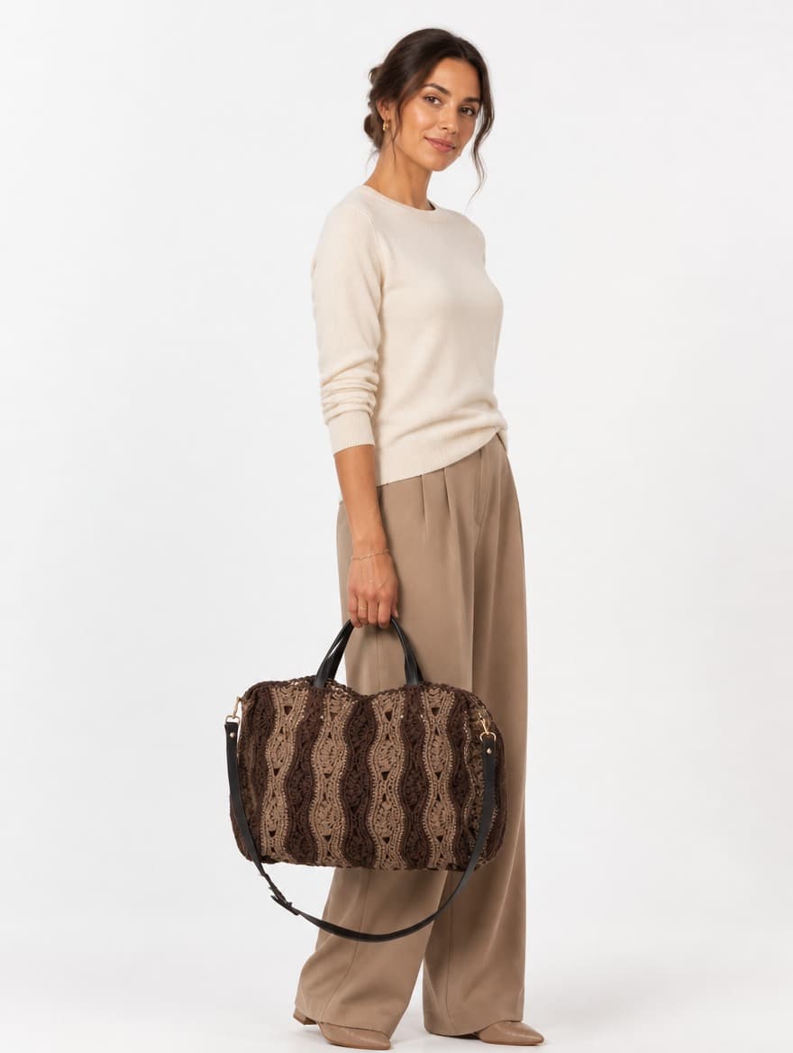 Model in a cream knit and camel trousers carrying the Nodo Tote, a two-tone hand-crocheted wool bag with black leather handles